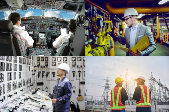A collage of professional environments featuring top-left: two pilots in a cockpit, top-right: an engineer reading a gauge, bottom-left: a worker operating controls in an industrial facility, and bottom-right: two construction workers in hard hats overlooking a power plant.
