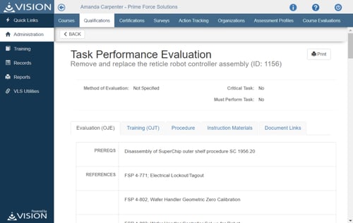 A screenshot of the VISION Learning Station interface. The screen displays a user dashboard with options for 'Courses', 'Qualifications', 'Certificates', 'Surveys', and more. A section titled 'Task Performance Evaluation' details steps for a robotic controller assembly task with method of evaluation, critical task designation, and associated references.