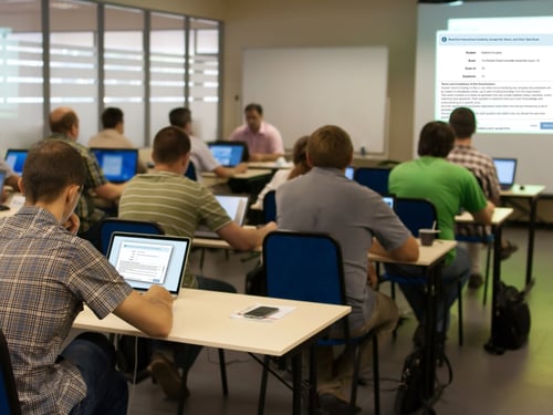 A classroom of students taking an online exam deployed in VISION Learning Station.