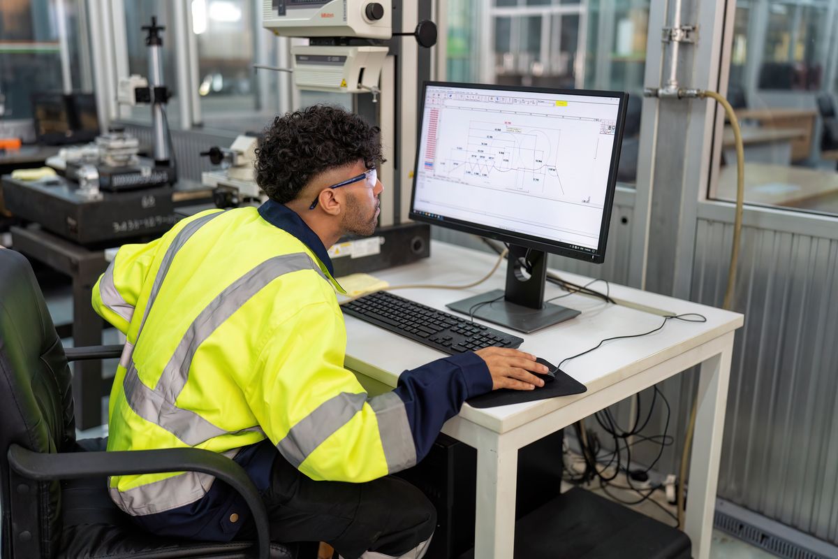 Engineer working through a technical drawing on screen