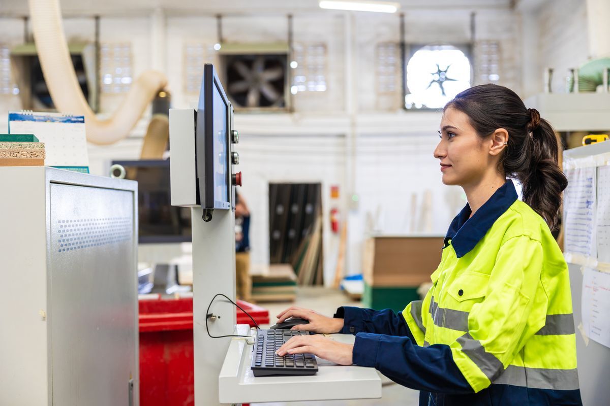 Technician checking her own record at a shop floor terminal