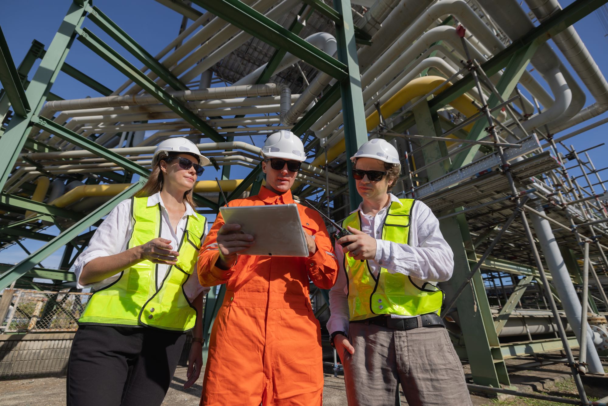 Three engineers reviewing a tablet during a pipeline walkdown