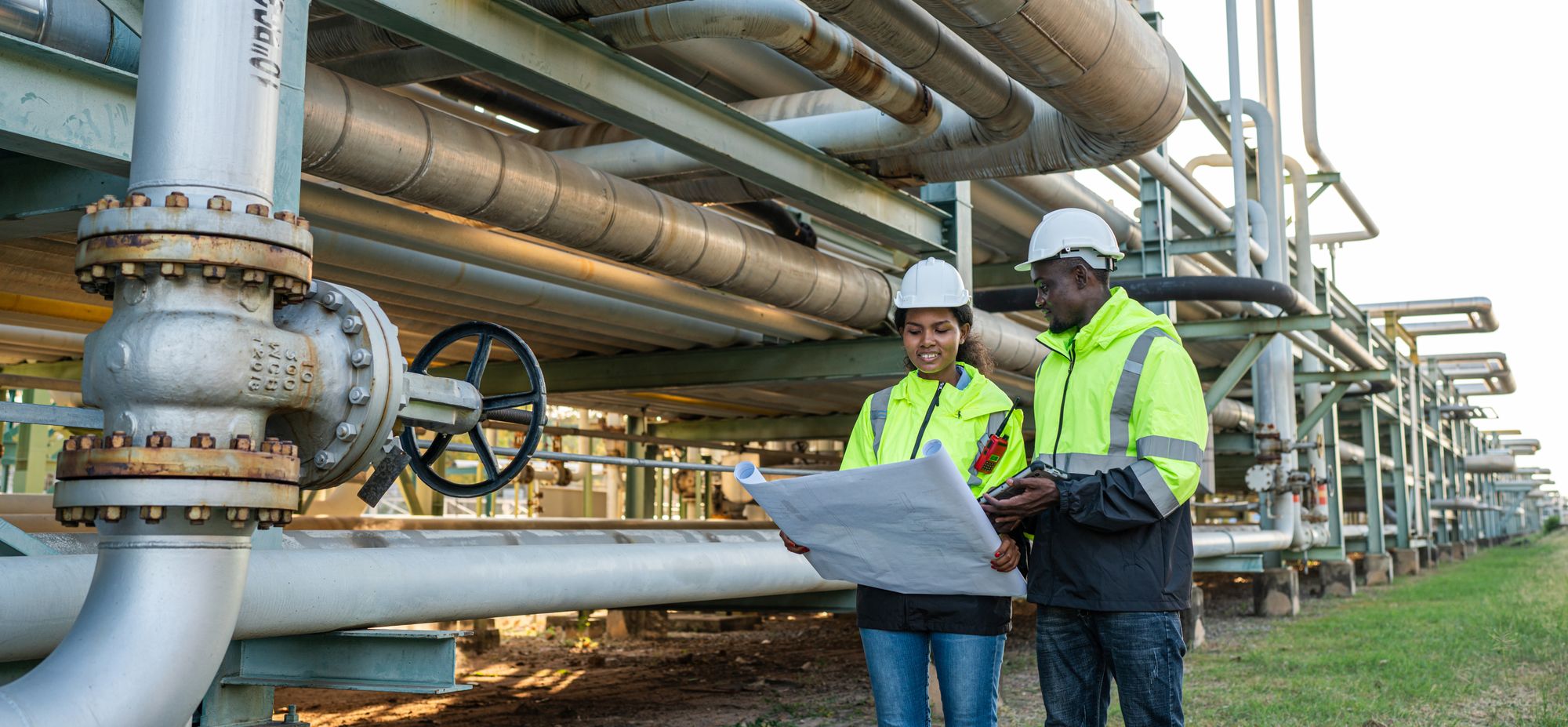 Two technicians looking out over a substation and wind farm