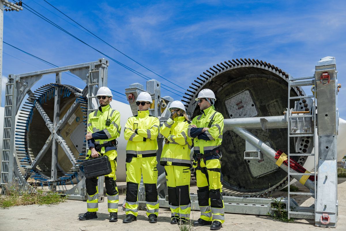 Field crew in high visibility gear beside wind turbine components